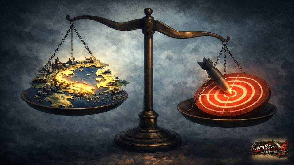 Σκίτσο ζυγαριάς όπου η Ελλάδα ως κόμβος ισορροπεί με τον κίνδυνο να γίνει στόχος.