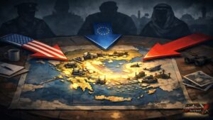 Σκιτσογραφία της Ελλάδας ως γεωπολιτικού κόμβου με συγκλίνουσες δυνάμεις και στρατηγικές υποδομές.