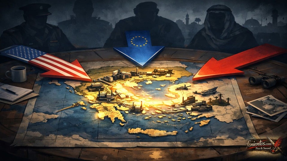 Σκιτσογραφία της Ελλάδας ως γεωπολιτικού κόμβου με συγκλίνουσες δυνάμεις και στρατηγικές υποδομές.