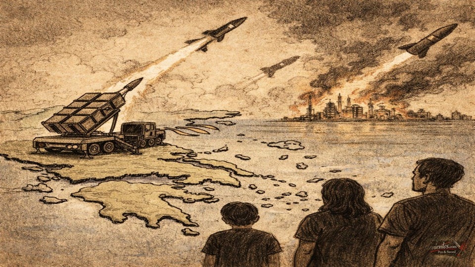 Σκιτσογραφία Ελλάδας με σύστημα Patriot που αναχαιτίζει πυραύλους ενώ οι πολίτες παρακολουθούν