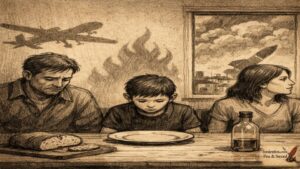 Σκιτσογραφία ελληνικής οικογένειας σε τραπέζι με άδεια τρόφιμα και σκιές πολέμου γύρω τους