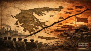 Σκιτσογραφία Ελλάδας με μετάβαση από κοινωνία σε στρατιωτική εμπλοκή