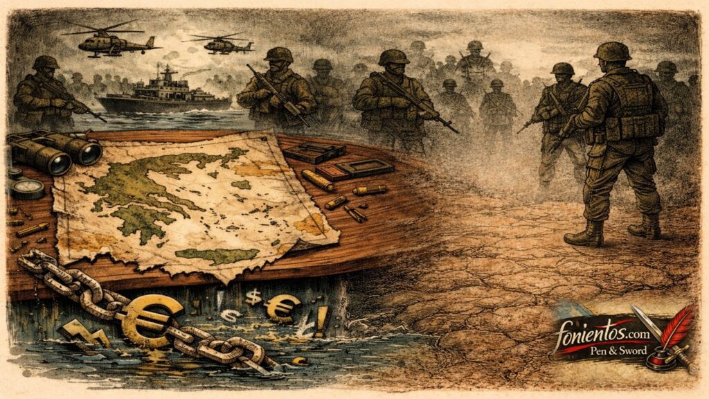 Σκίτσο Ελλάδας που μεταβαίνει από οικονομική κρίση σε στρατιωτική γεωπολιτική εμπλοκή.