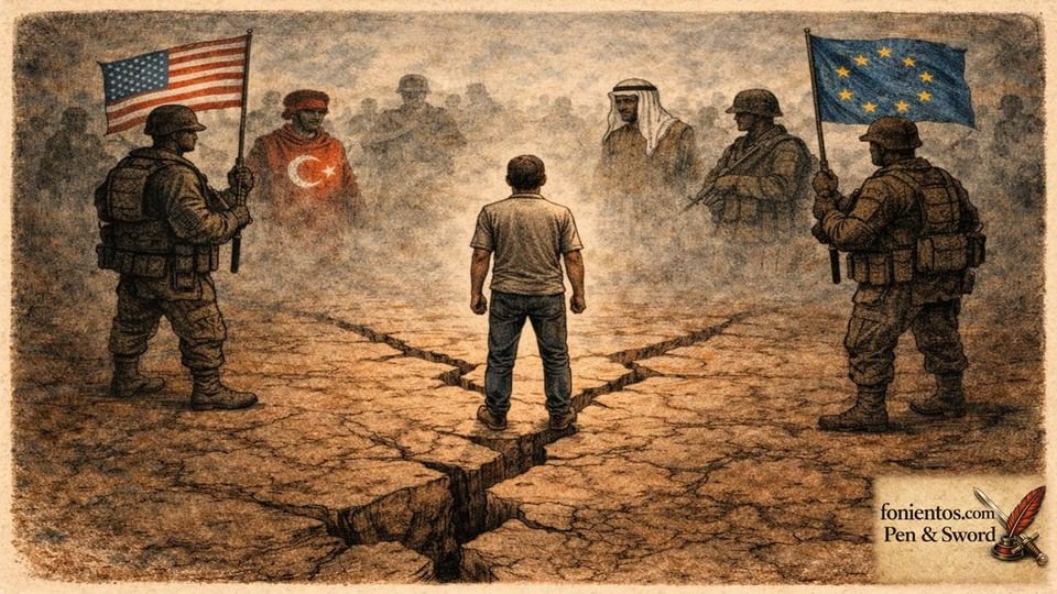 Σκίτσο πολίτη στο επίκεντρο γεωπολιτικών δυνάμεων που συγκλίνουν γύρω του.