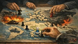 Σκιτσογραφία γεωπολιτικού χάρτη με παγκόσμιες δυνάμεις και την Ελλάδα ως κομβικό πιόνι σε εξέλιξη σχεδίου.