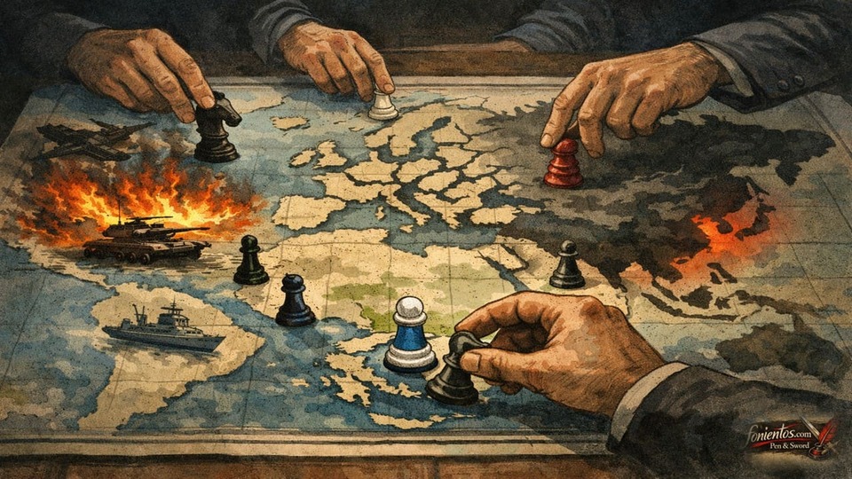 Σκιτσογραφία γεωπολιτικού χάρτη με παγκόσμιες δυνάμεις και την Ελλάδα ως κομβικό πιόνι σε εξέλιξη σχεδίου.