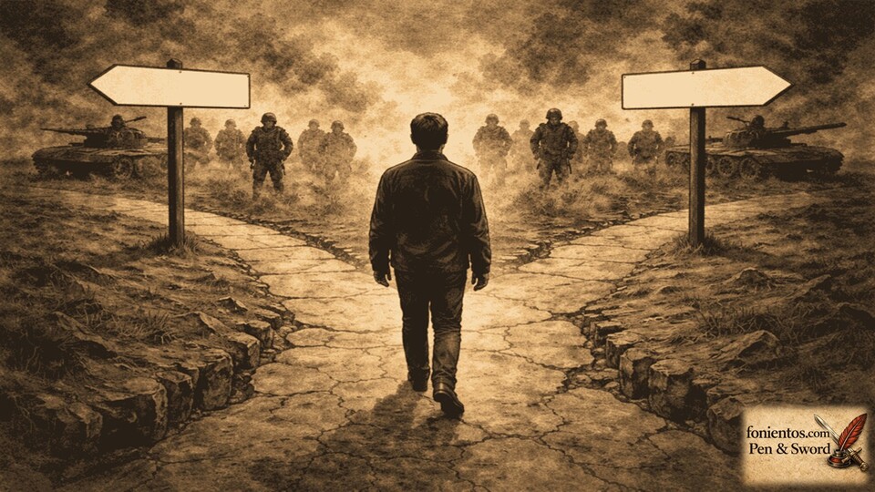 Σκιτσογραφία πολίτη σε σταυροδρόμι επιλογής και πολέμου με το έδαφος να τον κατευθύνει.