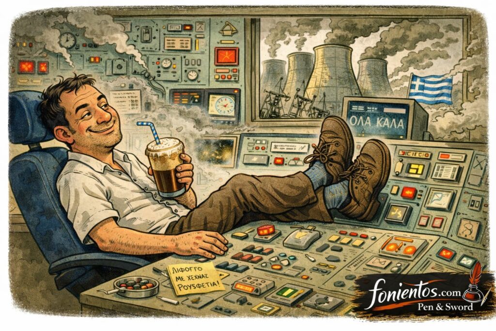 Υπάλληλος σε κοντρόλ ρουμ ελληνικού πυρηνικού σταθμού πίνει φραπέ με τα πόδια στον πίνακα ελέγχου.