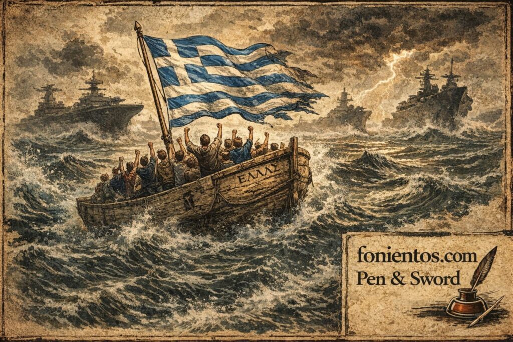 Σατιρικό πολιτικό σκίτσο που δείχνει την Ελλάδα σαν μικρό καράβι σε ταραγμένη θάλασσα, με πλήθος ανθρώπων να υψώνει τη σημαία μέσα σε ασταθές γεωπολιτικό περιβάλλον.