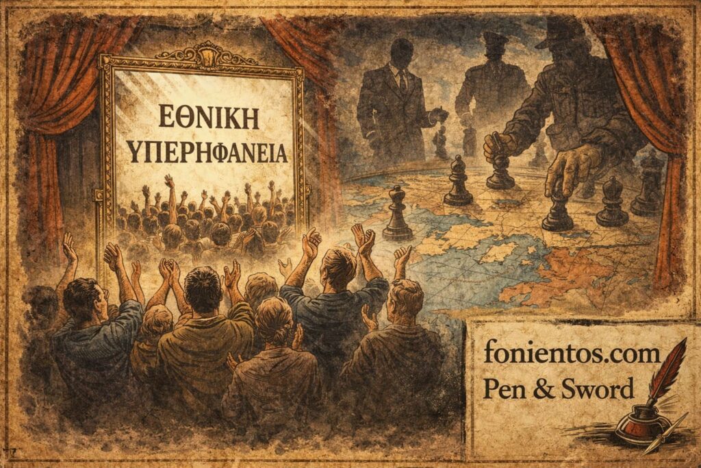 Πολιτικό σκίτσο που δείχνει πλήθος να χειροκροτεί μπροστά σε καθρέφτη με τη λέξη «εθνική υπερηφάνεια», ενώ πίσω από τον καθρέφτη γεωπολιτικές δυνάμεις μετακινούν πιόνια σε χάρτη.