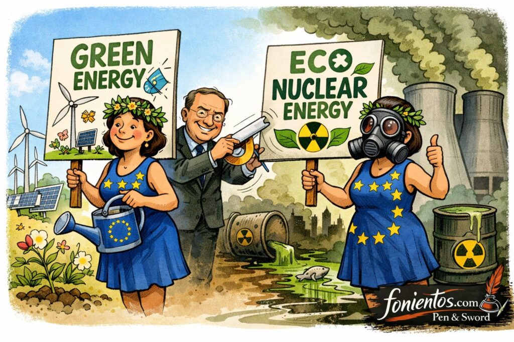 Ευρωπαίοι αξιωματούχοι βάφουν πράσινο έναν πυρηνικό πύργο ψύξης ζωγραφίζοντας μαργαρίτες.