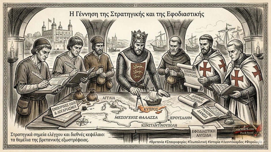 Ο Ριχάρδος ο Λεοντόκαρδος με Ναΐτες και εμπόρους πάνω από χάρτη της Μεσογείου