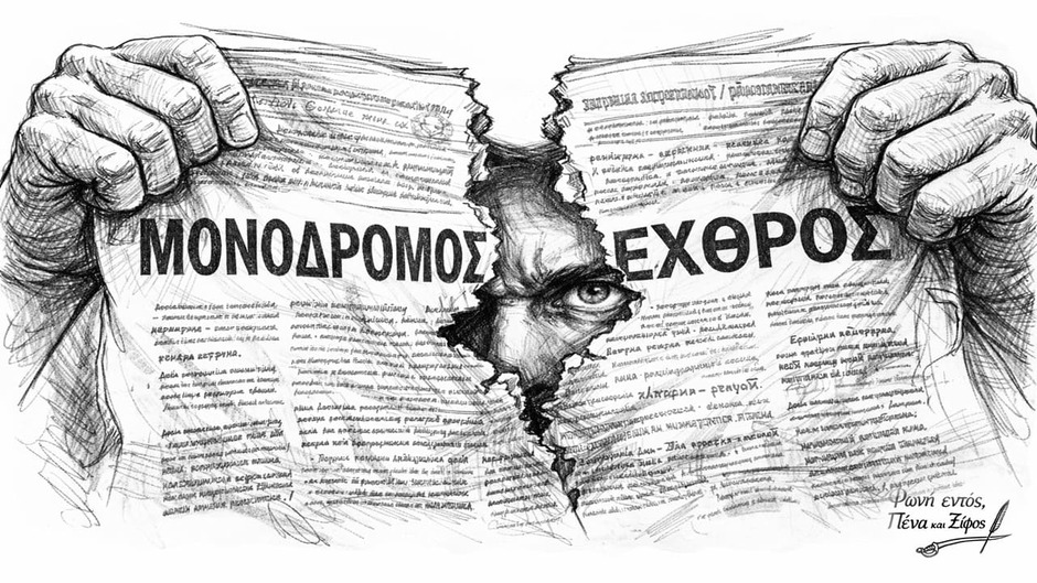 Ένας πολίτης που σκίζει μια εφημερίδα γεμάτη με λέξεις κυρίαρχης προπαγάνδας.