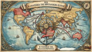 Χάρτης της Βρετανίας με ακτίνες που απλώνονται σε όλο τον κόσμο.