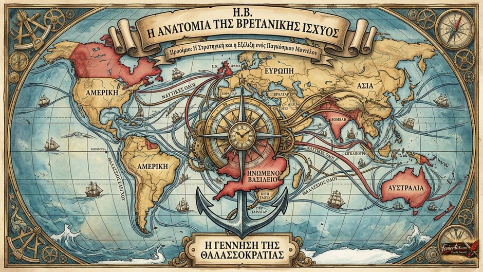 Χάρτης της Βρετανίας με ακτίνες που απλώνονται σε όλο τον κόσμο.
