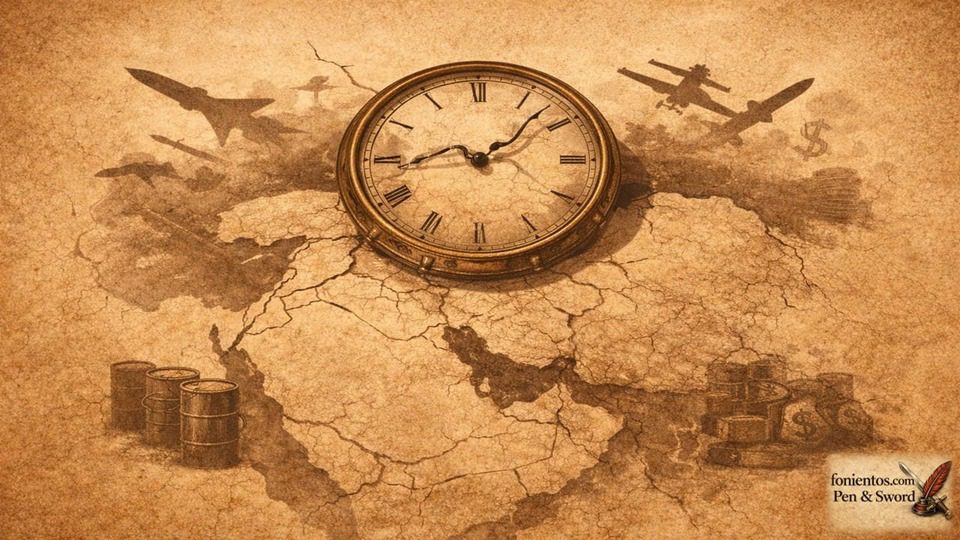 Σκιτσογραφία παγκόσμιου χάρτη με ρολόι πάνω από τη Μέση Ανατολή που συμβολίζει την επιμήκυνση του πολέμου ΗΠΑ Ιράν