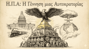 Μια οπτική αλληγορία της αμερικανικής ισχύος, δομημένη σαν πυραμίδα (συμβολίζοντας την Κορυφή και τη Βάση), με στοιχεία ρετρό πολιτικής γελοιογραφίας (τύπου vintage line art).