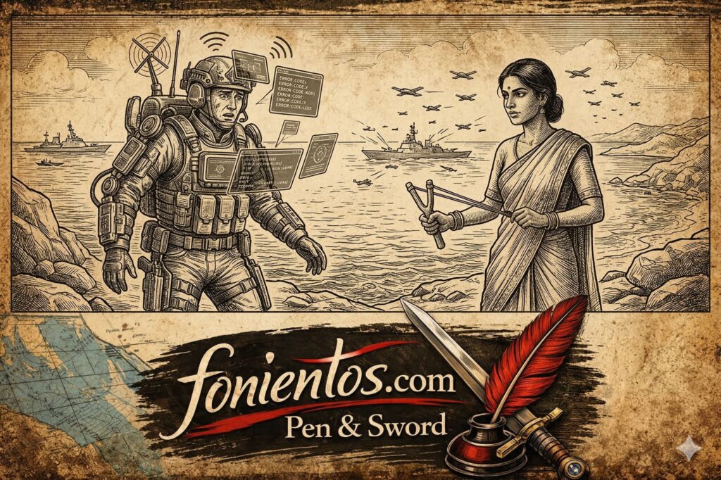 Ένας πάνοπλος, high-tech στρατιώτης της Δύσης στέκεται αμήχανος απέναντι σε έναν νομάδα που κρατάει σφεντόνα στα στενά.