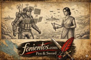 Ένας πάνοπλος, high-tech στρατιώτης της Δύσης στέκεται αμήχανος απέναντι σε έναν νομάδα που κρατάει σφεντόνα στα στενά.