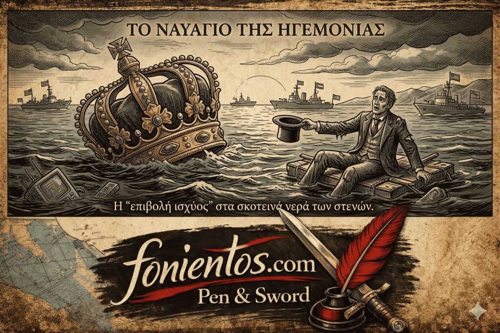 Μια μεγάλη χρυσή κορώνα βυθίζεται στα νερά, ενώ ένας διπλωμάτης ζητάει ελεημοσύνη από διερχόμενα πλοία.