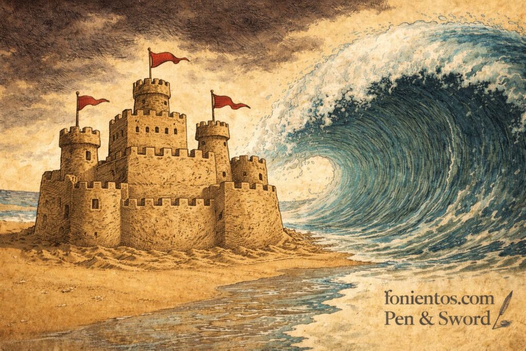 Σκιτσογραφία με κάστρο από άμμο στην παραλία που συμβολίζει την ευημερία, ενώ ένα μεγάλο κύμα κρίσης πλησιάζει και απειλεί να το καταστρέψει.