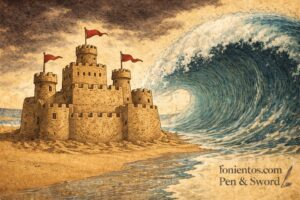 Σκιτσογραφία με κάστρο από άμμο στην παραλία που συμβολίζει την ευημερία, ενώ ένα μεγάλο κύμα κρίσης πλησιάζει και απειλεί να το καταστρέψει.