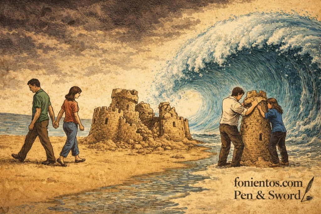 Σκιτσογραφία όπου το κύμα της κρίσης έχει χτυπήσει ένα κάστρο από άμμο ενώ δύο ζευγάρια αντιδρούν διαφορετικά, συμβολίζοντας τη δοκιμασία των ανθρώπινων σχέσεων.