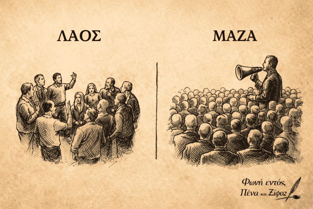 Σκίτσο που απεικονίζει τη διαφορά μεταξύ λαού που συζητά και μάζας που ακολουθεί έναν ομιλητή.