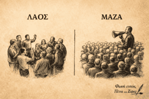 Σκίτσο που απεικονίζει τη διαφορά μεταξύ λαού που συζητά και μάζας που ακολουθεί έναν ομιλητή.