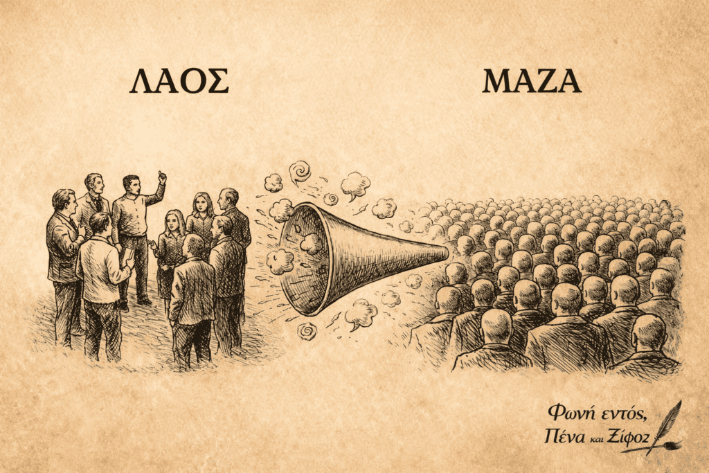 Σκίτσο που απεικονίζει πώς ένας ενεργός λαός μετατρέπεται σε μάζα μέσω προπαγάνδας και φόβου.