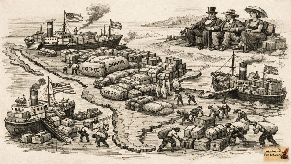Σκιτσογραφία Λατινικής Αμερικής όπου εξαγωγικά προϊόντα φορτώνονται σε ξένα πλοία υπό τον έλεγχο ελίτ.