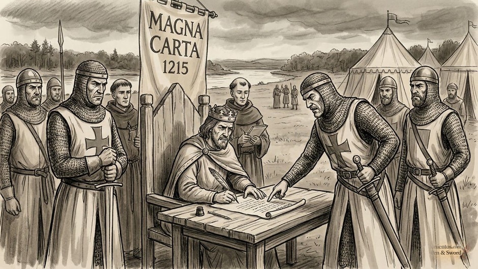 Ο Βασιλιάς Ιωάννης υπογράφει τη Μάγκνα Κάρτα κυκλωμένος από βαρόνους.