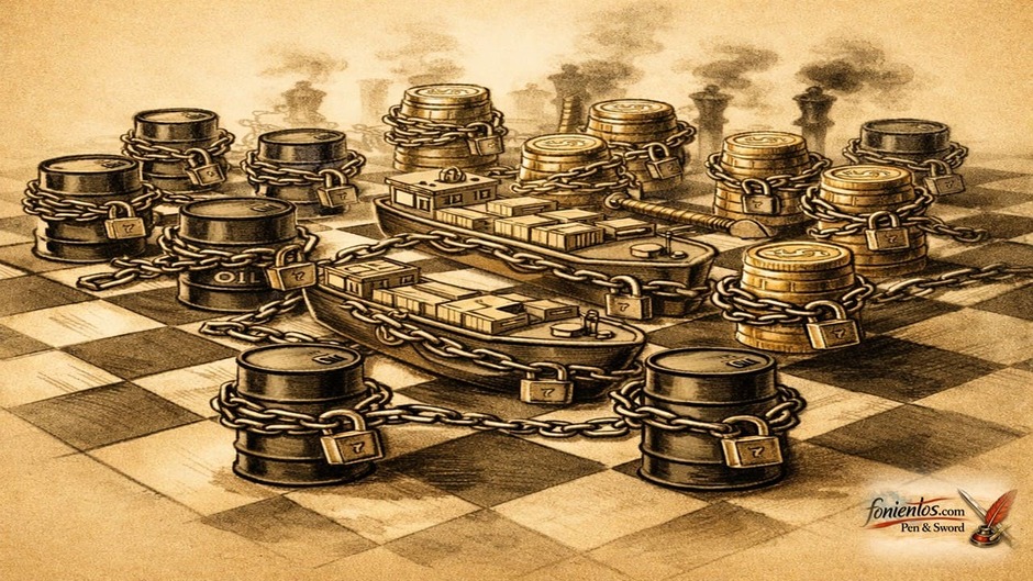 Παγκόσμια σκακιέρα με σύμβολα ενέργειας και εμπορίου που έχουν μπλοκαριστεί λόγω κρίσης