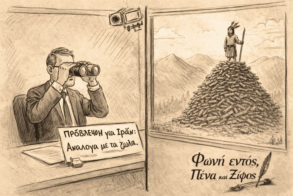 Γεωπολιτικός αναλυτής με κουστούμι παρατηρεί με κιάλια έναν Ινδιάνο που μαζεύει ξύλα στο βουνό.