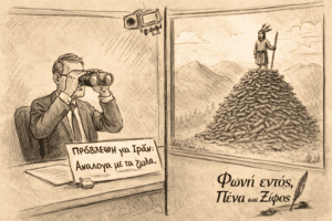 Γεωπολιτικός αναλυτής με κουστούμι παρατηρεί με κιάλια έναν Ινδιάνο που μαζεύει ξύλα στο βουνό.