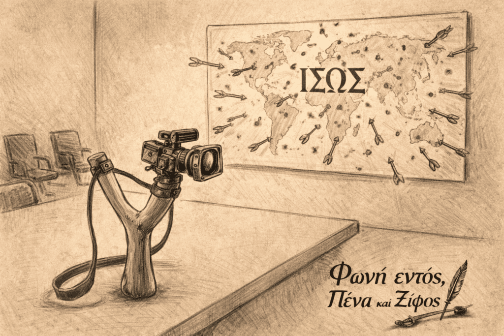 Μια κλασική ξύλινη σφεντόνα είναι τοποθετημένη πάνω σε ένα τραπέζι συνεδριάσεων. Αντί για πέτρα, στη σφεντόνα είναι τοποθετημένη μια μικροσκοπική τηλεοπτική κάμερα. Στον τοίχο απέναντι, ένας παγκόσμιος χάρτης είναι γεμάτος από τρύπες και βέλη που έχουν αστοχήσει, ενώ στο κέντρο του χάρτη αναγράφεται με μεγάλα γράμματα η λέξη: «ΙΣΩΣ».