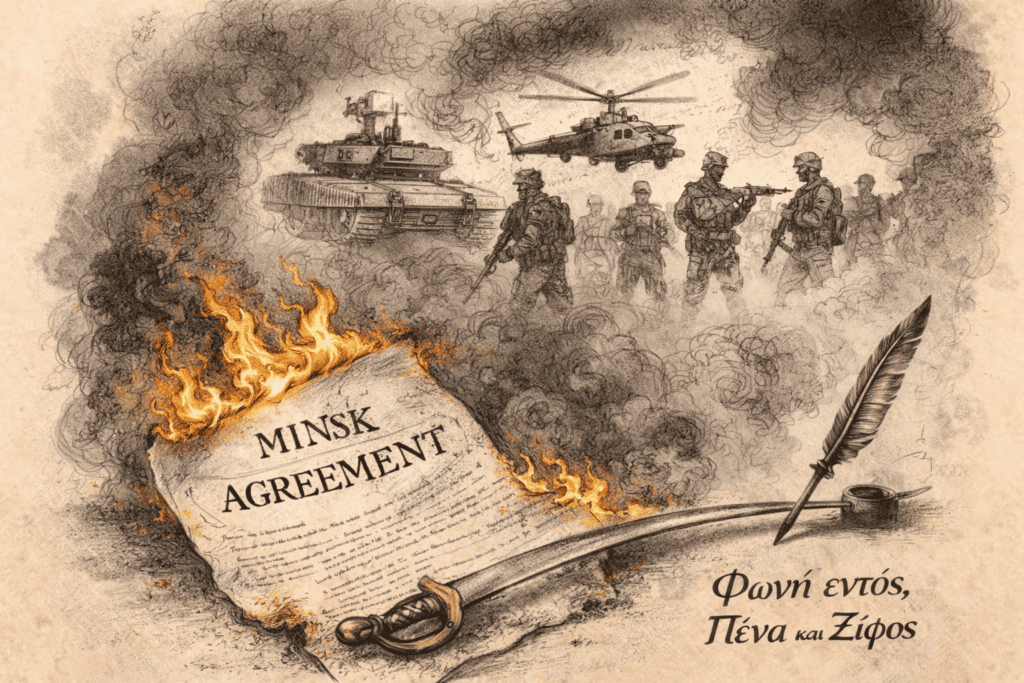 Μια υπογεγραμμένη συμφωνία του Μινσκ που καίγεται στις άκρες, ενώ από πίσω φαίνονται τανκς του ΝΑΤΟ να παρατάσσονται.