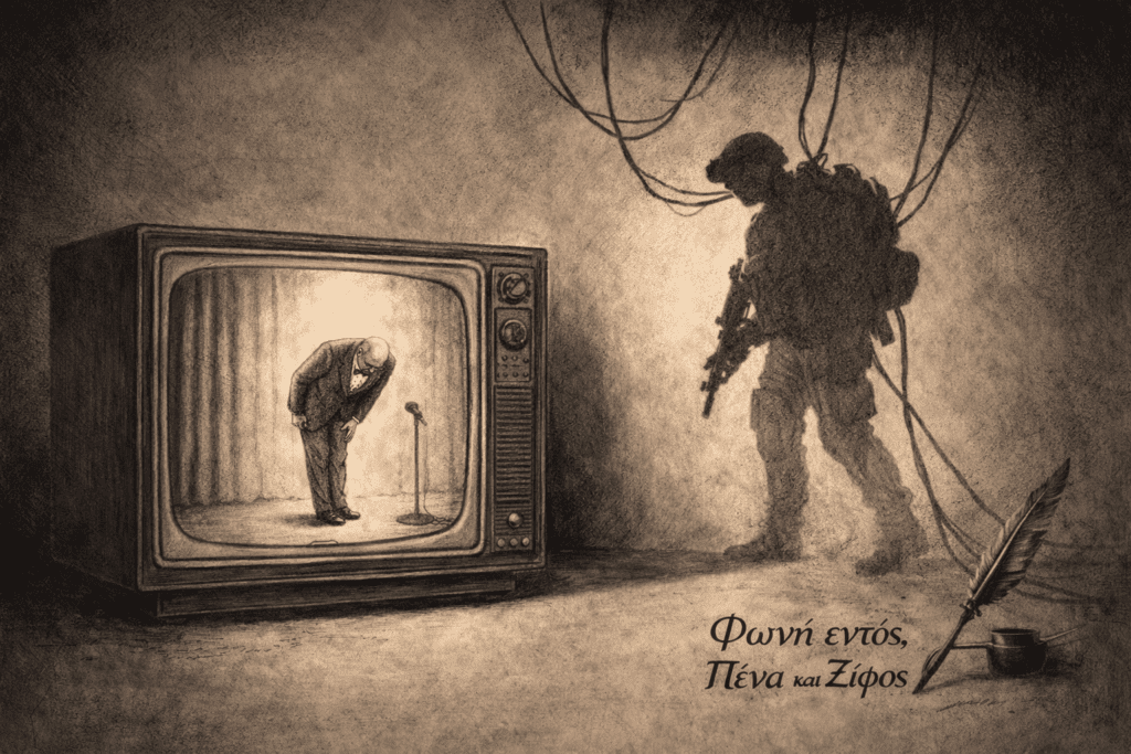 Μια τηλεόραση παλαιού τύπου δείχνει έναν κωμικό στη σκηνή να υποκλίνεται. Ωστόσο, η σκιά που ρίχνει ο ηθοποιός στον τοίχο είναι ένας στρατιώτης σε πλήρη εξάρτηση, με καλώδια να ξεκινούν από τους ώμους του και να χάνονται στο σκοτάδι πάνω από το κάδρο, υποδηλώνοντας τον ρόλο του ως εκτελεστικό όργανο μεγαλύτερων δυνάμεων.