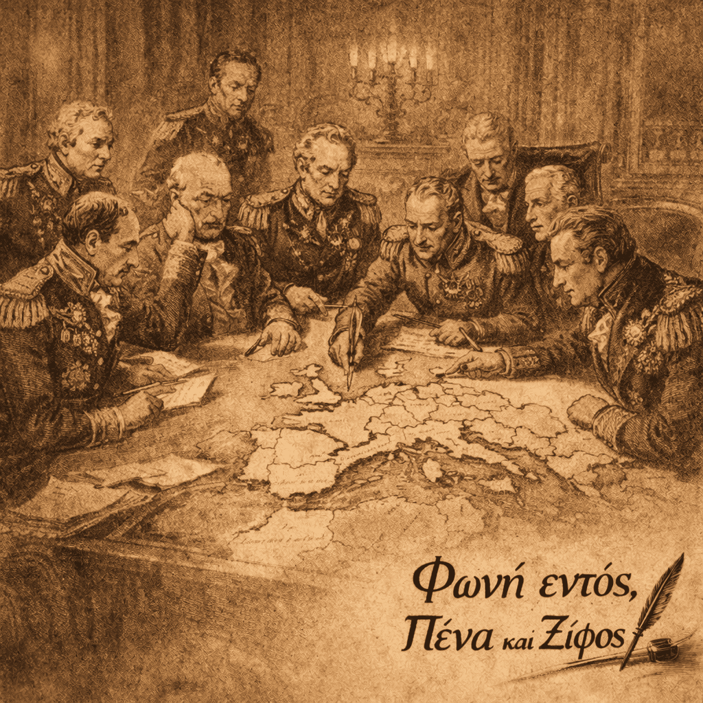 Διπλωμάτες χαράσσουν νέο χάρτη της Ευρώπης μετά την πτώση του Ναπολέοντα.
Σκίτσο από το άρθρο «Ναπολεόντεια Εποχή, Μέρος VI – Το τέλος μιας αυτοκρατορίας και η Ευρώπη που γεννήθηκε από τους πολέμους» στο fonientos.com.