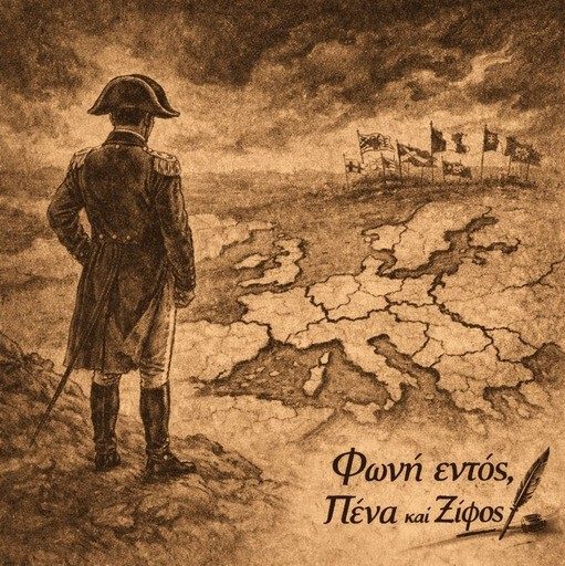 Ο Ναπολέων μπροστά σε ραγισμένο χάρτη της Ευρώπης που συμβολίζει την πτώση της αυτοκρατορίας του.