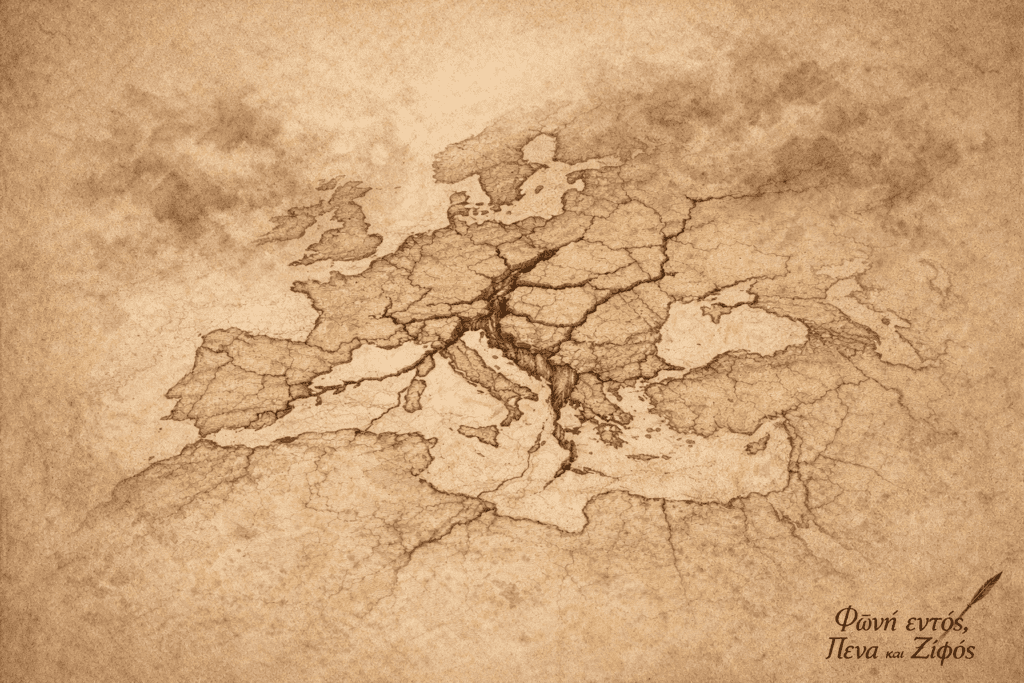 Χάρτης της Ευρώπης στα τέλη του 18ου αιώνα με ρήγματα που συμβολίζουν τις αλλαγές πριν τη Ναπολεόντεια εποχή.