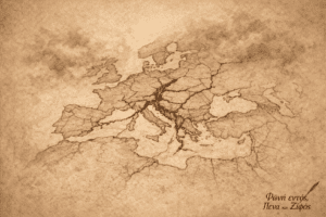 Χάρτης της Ευρώπης στα τέλη του 18ου αιώνα με ρήγματα που συμβολίζουν τις αλλαγές πριν τη Ναπολεόντεια εποχή.