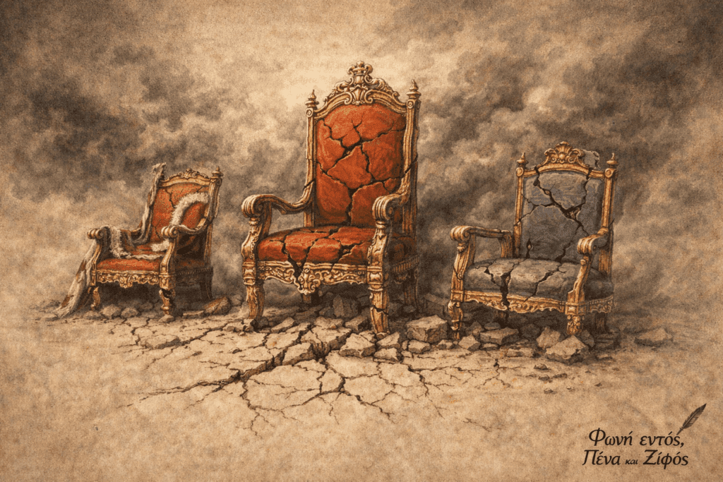 Ραγισμένοι βασιλικοί θρόνοι συμβολίζουν την κρίση των ευρωπαϊκών μοναρχιών πριν την άνοδο του Ναπολέοντα.