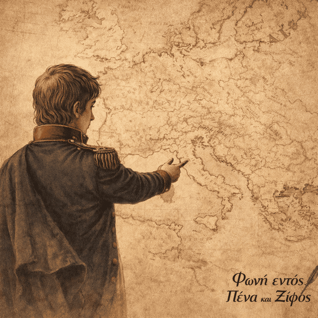 Νεαρός αξιωματικός μπροστά σε χάρτη της Ευρώπης που συμβολίζει την αρχή της ανόδου του Ναπολέοντα.