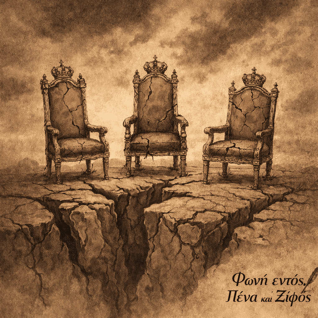 Ραγισμένοι βασιλικοί θρόνοι συμβολίζουν την κρίση των ευρωπαϊκών μοναρχιών πριν την άνοδο του Ναπολέοντα.
