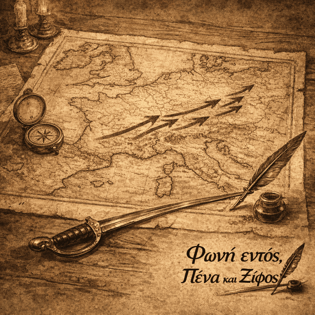 Χάρτης της Ευρώπης των τελών του 18ου αιώνα απλωμένος επάνω σε στρατιωτικό τραπέζι. Πάνω στον χάρτη εμφανίζονται στρατιωτικά βέλη που ξεκινούν από τη Γαλλία και κατευθύνονται προς τη βόρεια Ιταλία, συμβολίζοντας τις πρώτες εκστρατείες του Ναπολέοντα που άλλαξαν την ισορροπία δυνάμεων στην Ευρώπη. Δίπλα στον χάρτη βρίσκονται μια πυξίδα και ένα σπαθί αξιωματικού, στοιχεία που συμβολίζουν τη στρατηγική και τη στρατιωτική ισχύ. Η εικόνα αποδίδεται σε αισθητική παλαιού πολιτικού σκίτσου με μελί/sepia τόνους πάνω σε φόντο παλαιωμένου χαρτιού