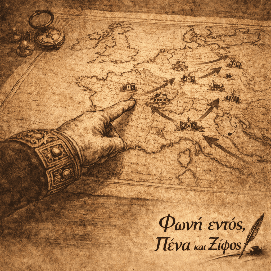 Χάρτης της Ευρώπης και της Γαλλίας των τελών του 18ου αιώνα απλωμένος πάνω σε τραπέζι στρατηγείου. Πάνω στον χάρτη εμφανίζονται στρατιωτικά βέλη που δείχνουν τις κινήσεις των γαλλικών στρατευμάτων, ενώ ένα χέρι αξιωματικού δείχνει προς το Παρίσι, συμβολίζοντας τη στιγμή όπου η στρατιωτική δύναμη μετατρέπεται σε πολιτική εξουσία. Δίπλα στον χάρτη υπάρχει πυξίδα και στρατιωτικός εξοπλισμός, στοιχεία που συμβολίζουν τη στρατηγική και τον έλεγχο της εξουσίας. Η εικόνα αποδίδεται σε αισθητική παλαιού πολιτικού σκίτσου με μελί/sepia τόνους πάνω σε φόντο παλαιωμένου χαρτιού. Χάρτης της Ευρώπης και της Γαλλίας των τελών του 18ου αιώνα απλωμένος πάνω σε τραπέζι στρατηγείου. Πάνω στον χάρτη εμφανίζονται στρατιωτικά βέλη που δείχνουν τις κινήσεις των γαλλικών στρατευμάτων, ενώ ένα χέρι αξιωματικού δείχνει προς το Παρίσι, συμβολίζοντας τη στιγμή όπου η στρατιωτική δύναμη μετατρέπεται σε πολιτική εξουσία. Δίπλα στον χάρτη υπάρχει πυξίδα και στρατιωτικός εξοπλισμός, στοιχεία που συμβολίζουν τη στρατηγική και τον έλεγχο της εξουσίας. Η εικόνα αποδίδεται σε αισθητική παλαιού πολιτικού σκίτσου με μελί/sepia τόνους πάνω σε φόντο παλαιωμένου χαρτιού. fonientos.com