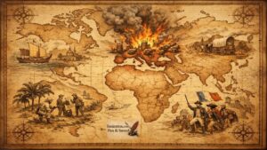 Σκιτσογραφία παγκόσμιου χάρτη όπου η Ευρώπη φλέγεται στη Ναπολεόντεια εποχή ενώ ο υπόλοιπος κόσμος αλλάζει αθόρυβα