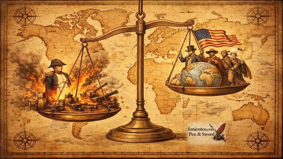 Σκιτσογραφία ζυγαριάς όπου η Ευρώπη της Ναπολεόντειας εποχής συγκρίνεται με τις ανερχόμενες παγκόσμιες δυνάμεις
