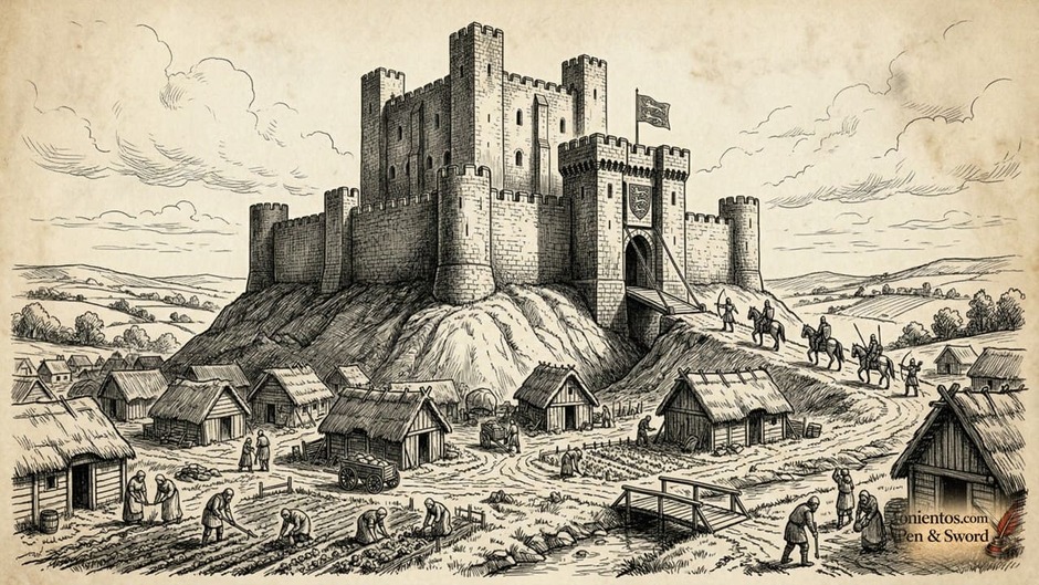 Ένα επιβλητικό νορμανδικό πέτρινο κάστρο πάνω από ένα χωριό.